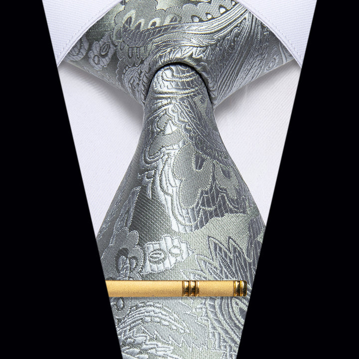 Men's Light Grey Paisley Silk Necktie with Golden Tie Clip