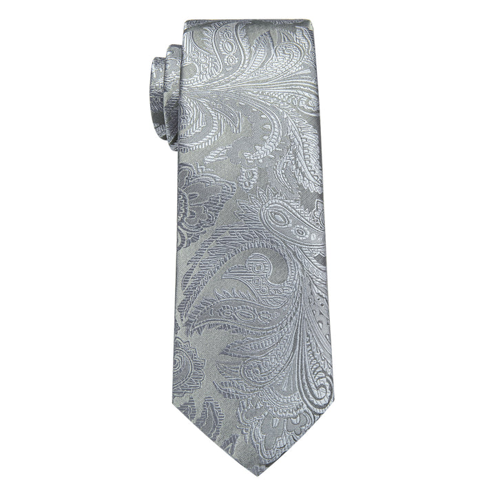 Men's Light Grey Paisley Silk Necktie with Golden Tie Clip