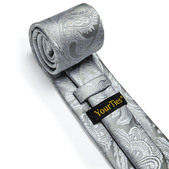 Men's Light Grey Paisley Silk Necktie with Golden Tie Clip