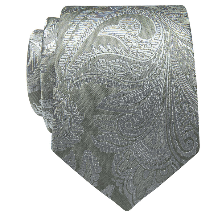 Men's Light Grey Paisley Silk Necktie with Golden Tie Clip