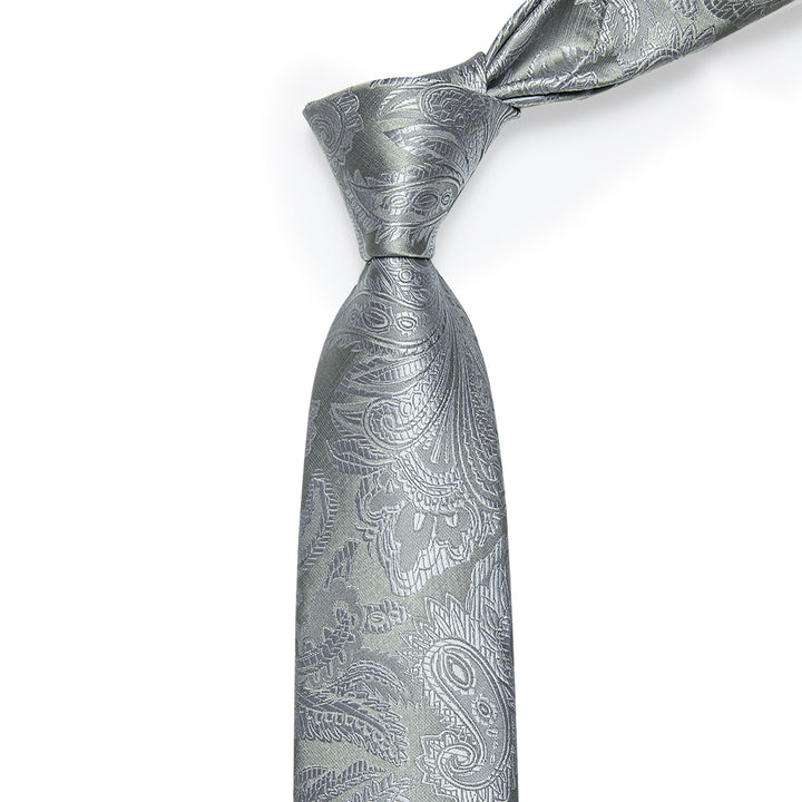 Men's Light Grey Paisley Silk Necktie with Golden Tie Clip