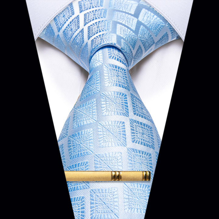 YourTies Sky Blue Plaid Silk Necktie with Golden Tie Clip