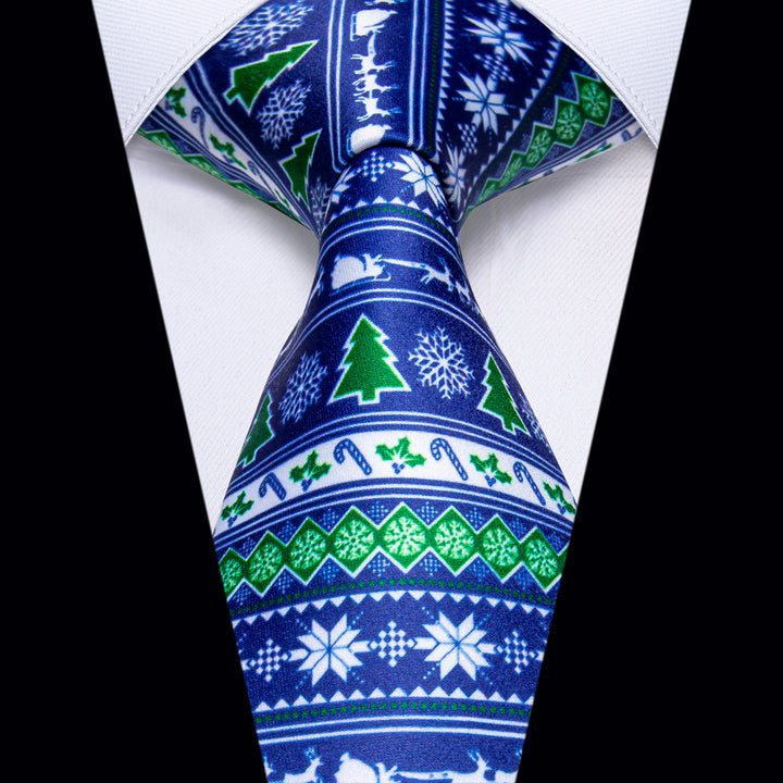  Blue Necktie Green Christmas Tree Novelty Silk Necktie for Men