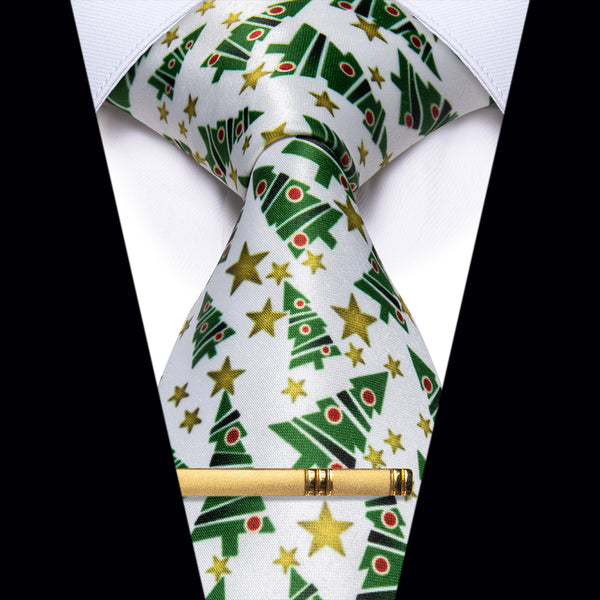 white Green Christmas Tree novelty tie with clip