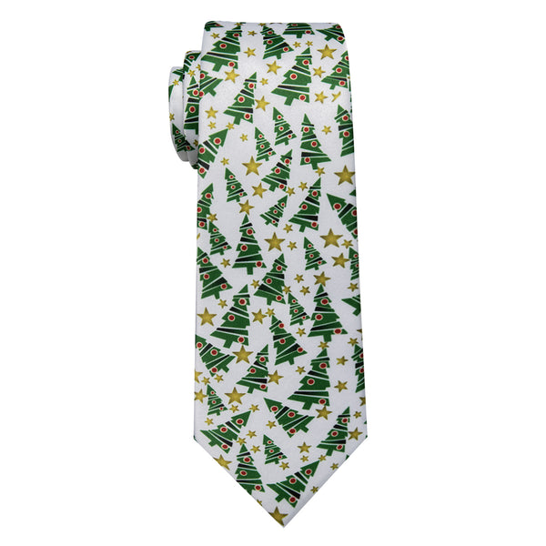 White Christmas Tree Men's Silk Necktie with Golden Tie Clip