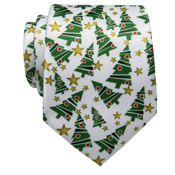 White Christmas Tree Men's Silk Necktie with Golden Tie Clip