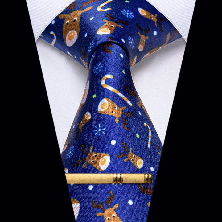 YourTies Blue Christmas Elk Silk Necktie with Golden Tie Clip