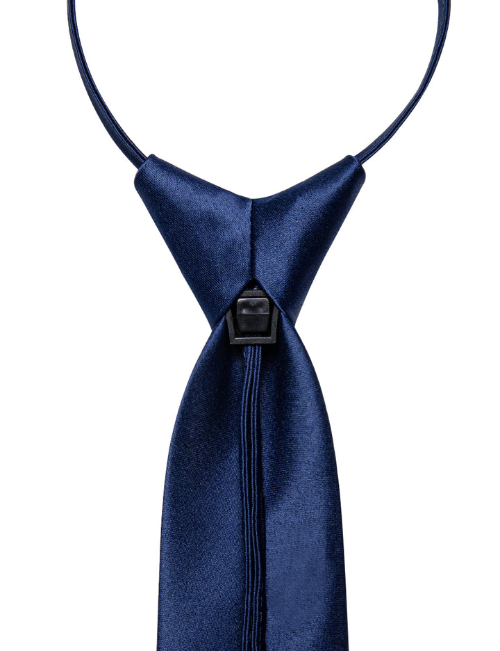  Navy Blue Solid Silk Zipper Pretied Necktie Pocket Square Set