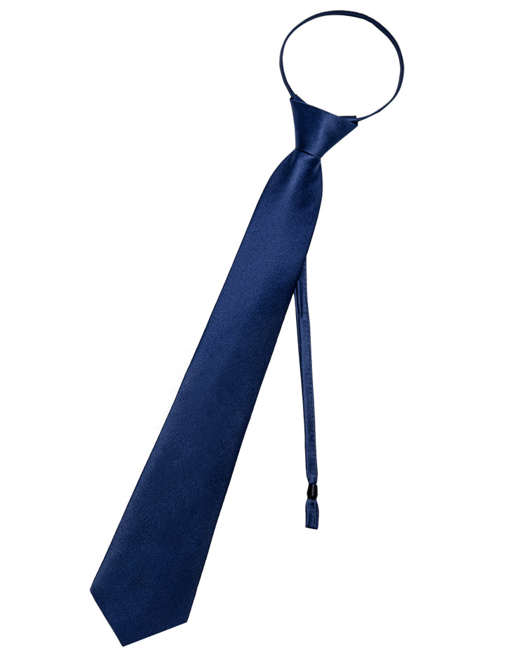  Navy Blue Solid Silk Zipper Pretied Necktie Pocket Square Set