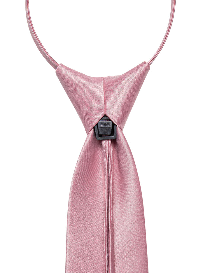  Pink Solid Silk Zipper Pre-tied Necktie Pocket Square Set