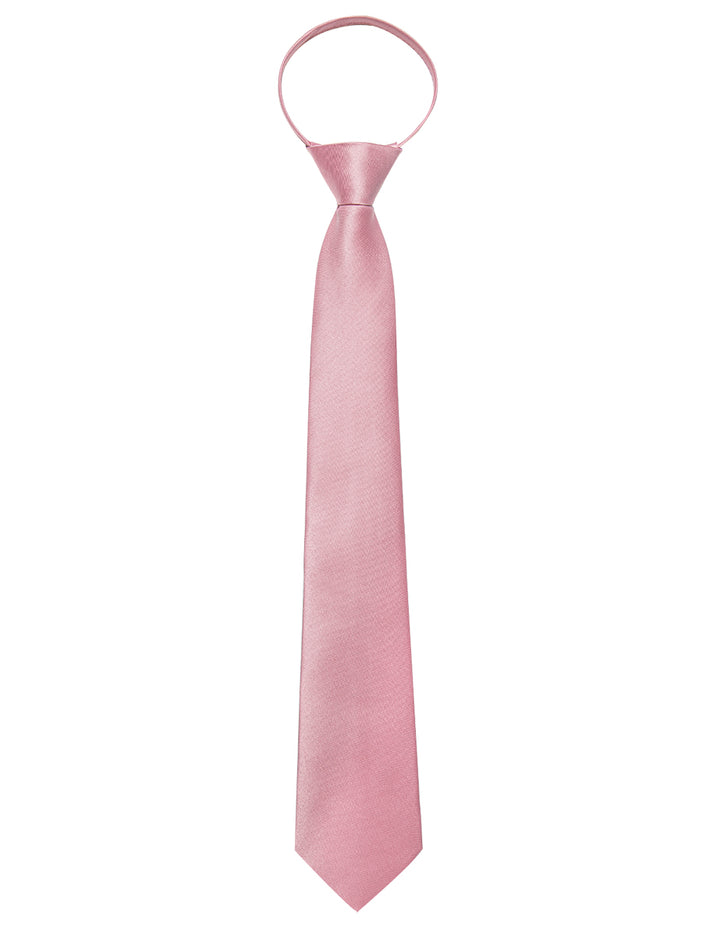  Pink Solid Silk Zipper Pre-tied Necktie Pocket Square Set