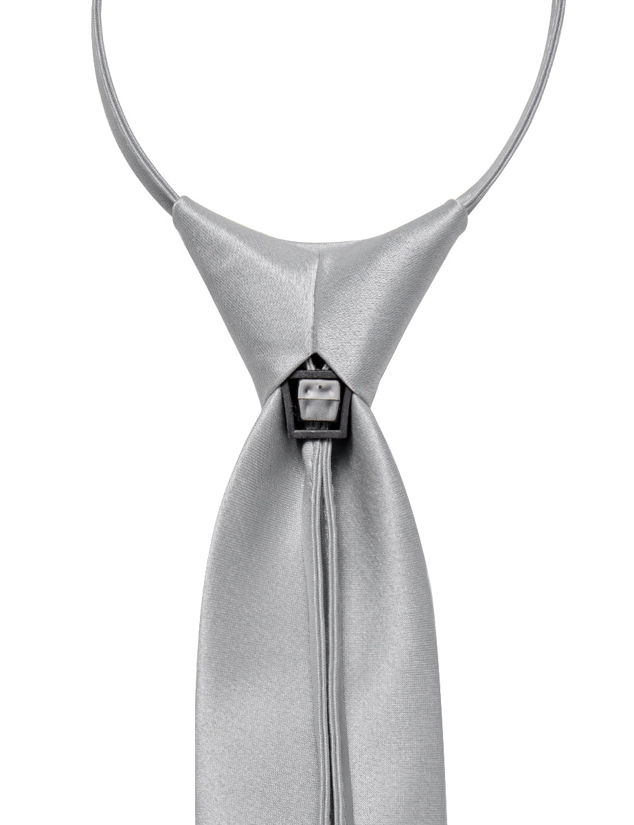 Grey Solid Silk Adjustable Zipper Pre-tied Necktie Hanky Set