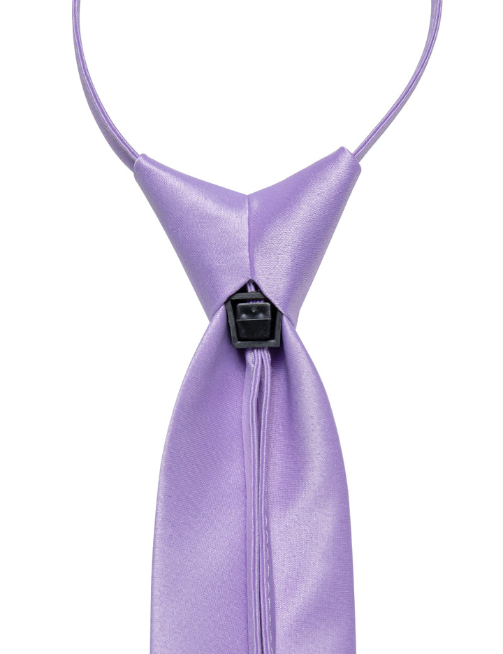  Lilac Purple Solid Silk Zipper Pre-tied Necktie Hanky Set