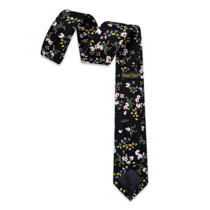  Black Necktie Purple Floral Mens Skinny Tie Set with Tie Clip