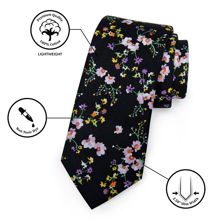  Black Necktie Purple Floral Mens Skinny Tie Set with Tie Clip