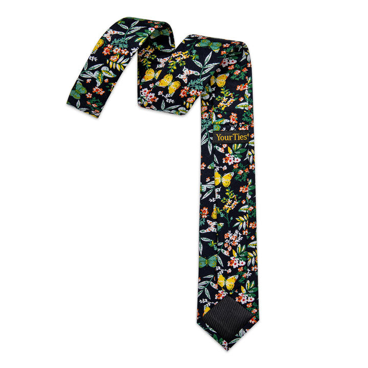 black suit black floral cottom tie yellow butterfly pattern