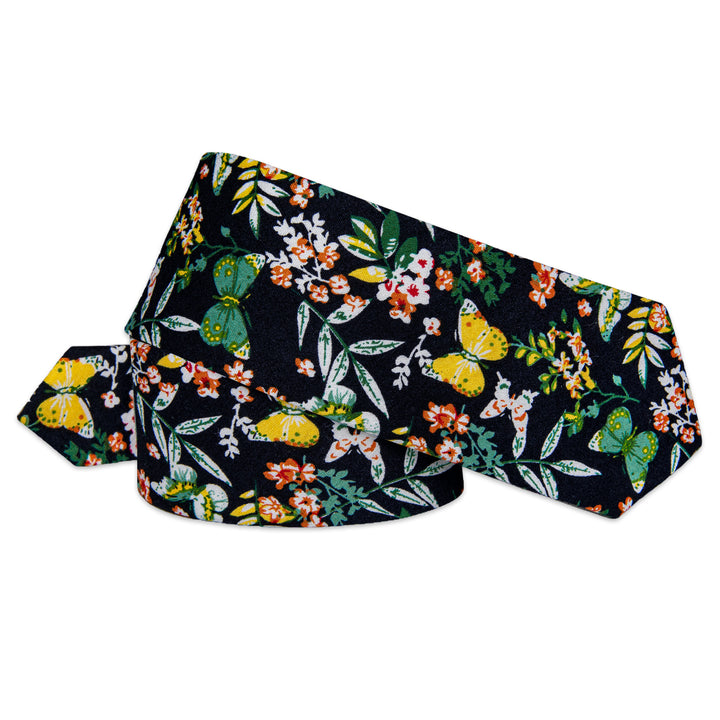 black suit black floral cottom tie yellow butterfly pattern