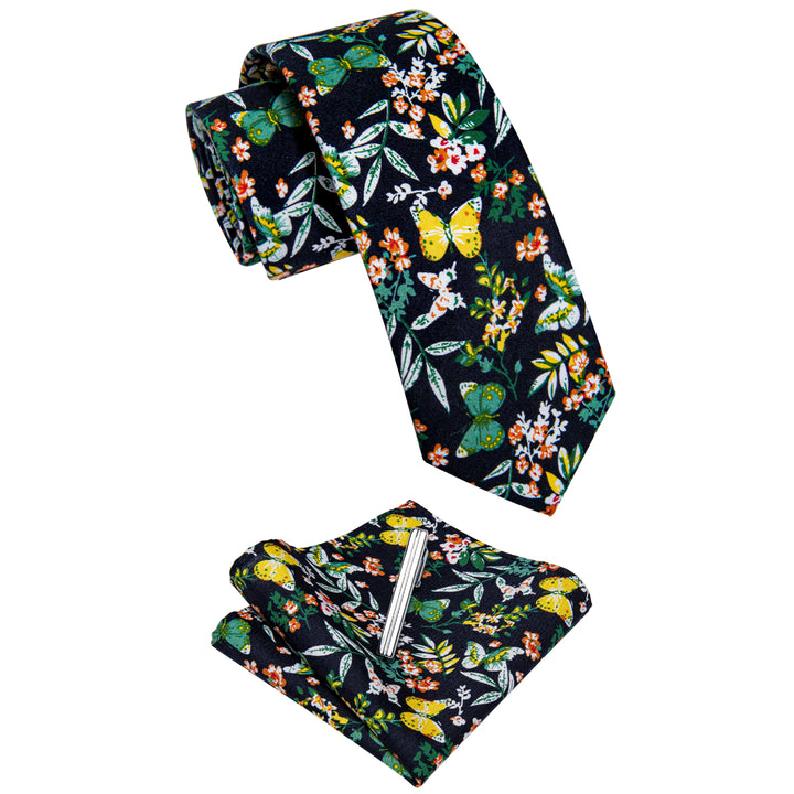 black suit black floral cottom tie yellow butterfly pattern