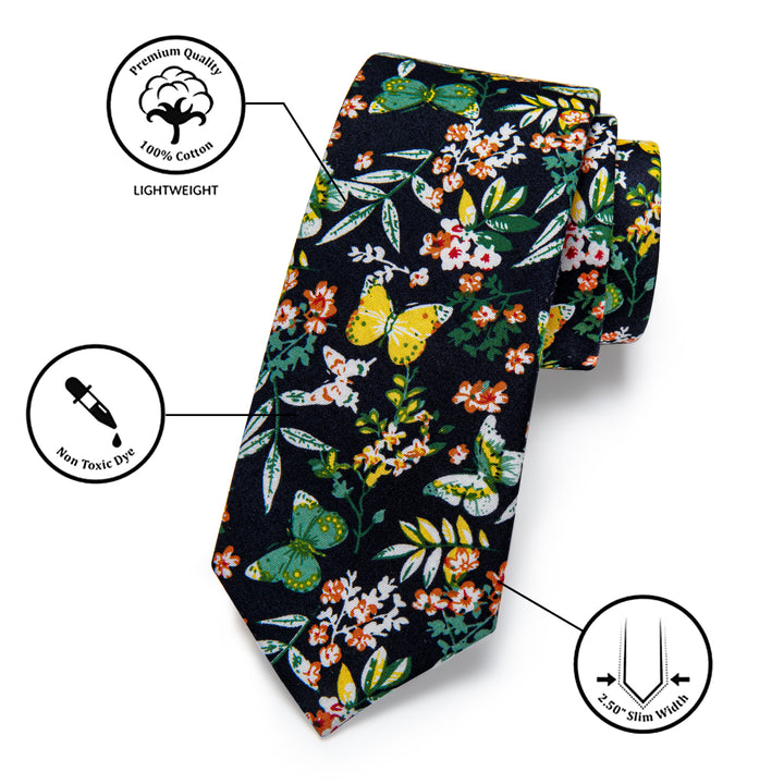 black suit black floral cottom tie yellow butterfly pattern