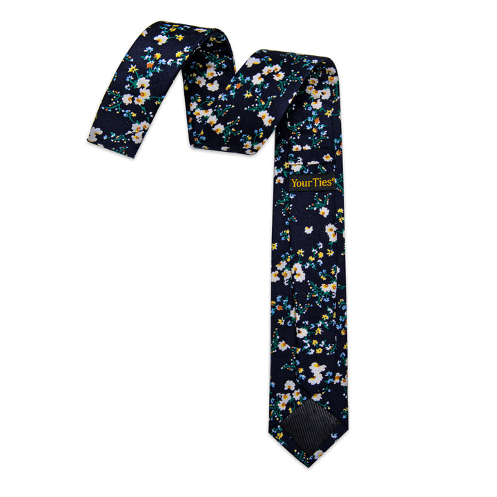 YourTies Black Tie Blue White Floral Skinny Tie Set with Tie Clip