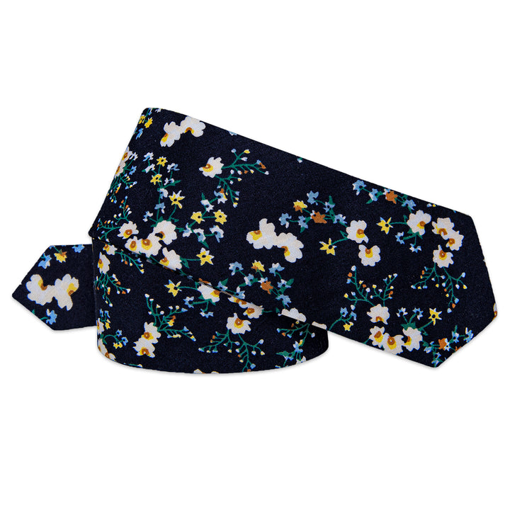 YourTies Black Tie Blue White Floral Skinny Tie Set with Tie Clip