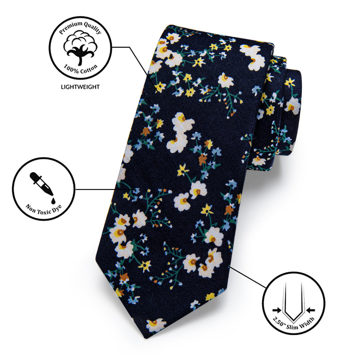 YourTies Black Tie Blue White Floral Skinny Tie Set with Tie Clip