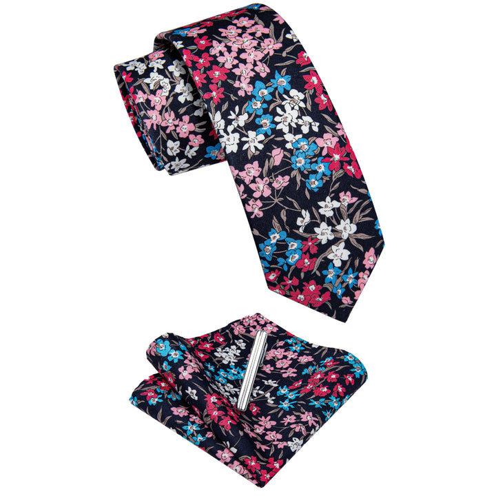 Rouge Red Floral Printed Skinny Men's Tie Set with Tie Clip