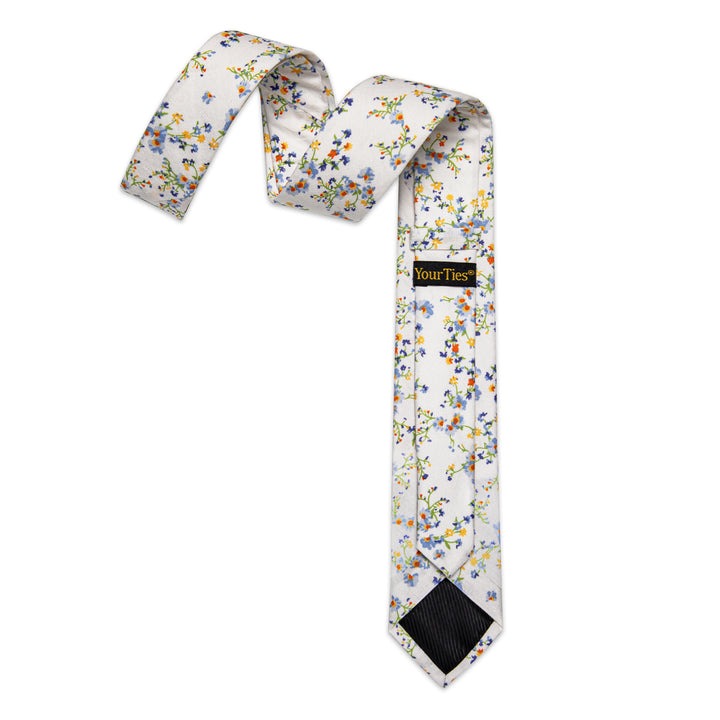  Mens White Yellow Floral Printed Skinny Tie Set with Tie Clip