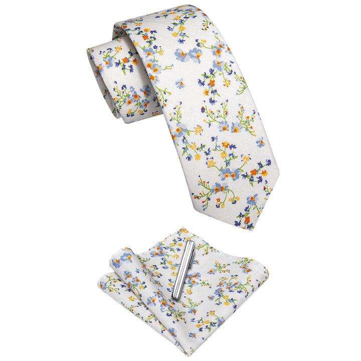  Mens White Yellow Floral Printed Skinny Tie Set with Tie Clip