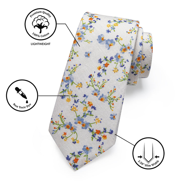  Mens White Yellow Floral Printed Skinny Tie Set with Tie Clip