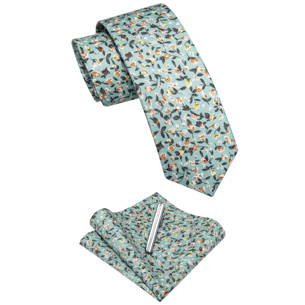 Light Green Tie Floral Printed Skinny Tie Set with Tie Clip