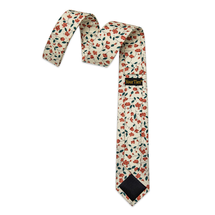 Beige Orange Floral Printed Skinny Tie Set with Tie Clip