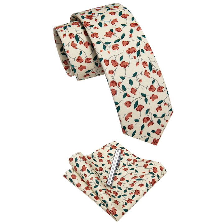 Beige Orange Floral Printed Skinny Tie Set with Tie Clip