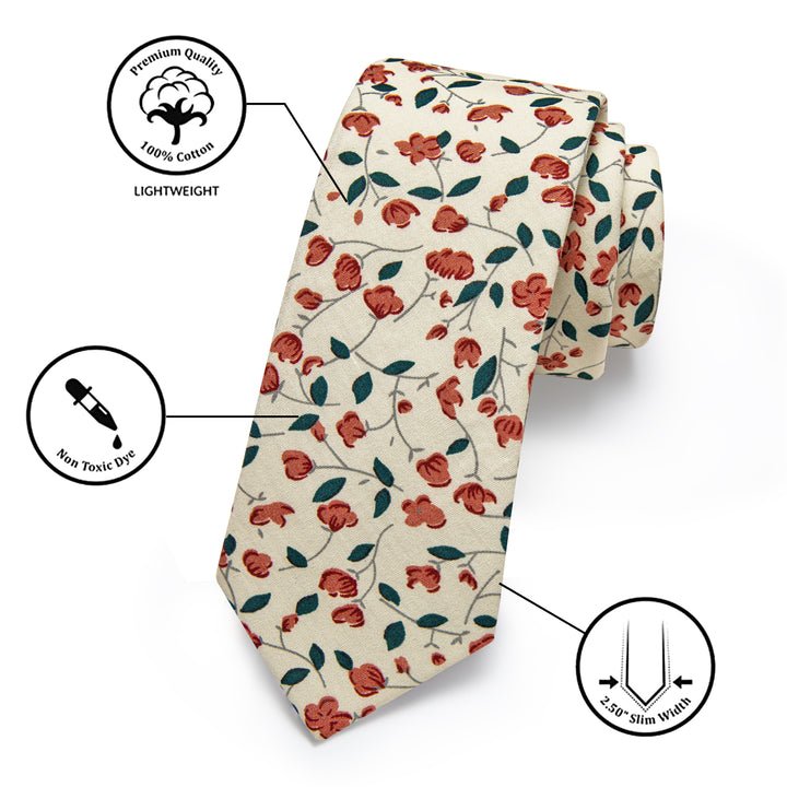 Beige Orange Floral Printed Skinny Tie Set with Tie Clip