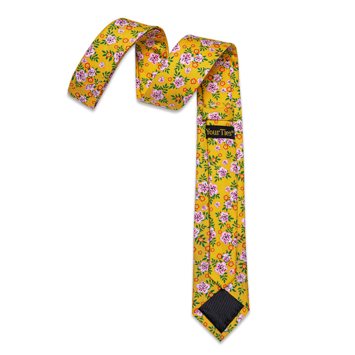 Noble Yellow Floral Printed Skinny Tie Set with Men Tie Bar