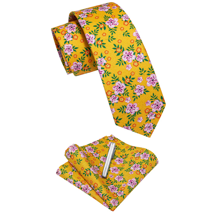 Noble Yellow Floral Printed Skinny Tie Set with Men Tie Bar