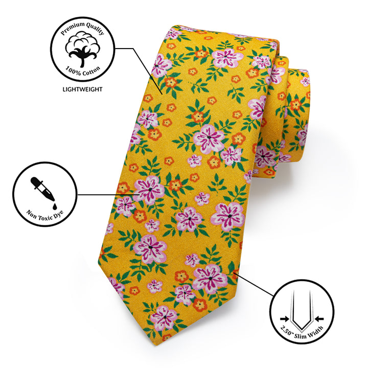 Noble Yellow Floral Printed Skinny Tie Set with Men Tie Bar