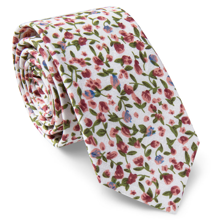  Red Blue Floral Printed Skinny Silk Tie Set with Tie Clip