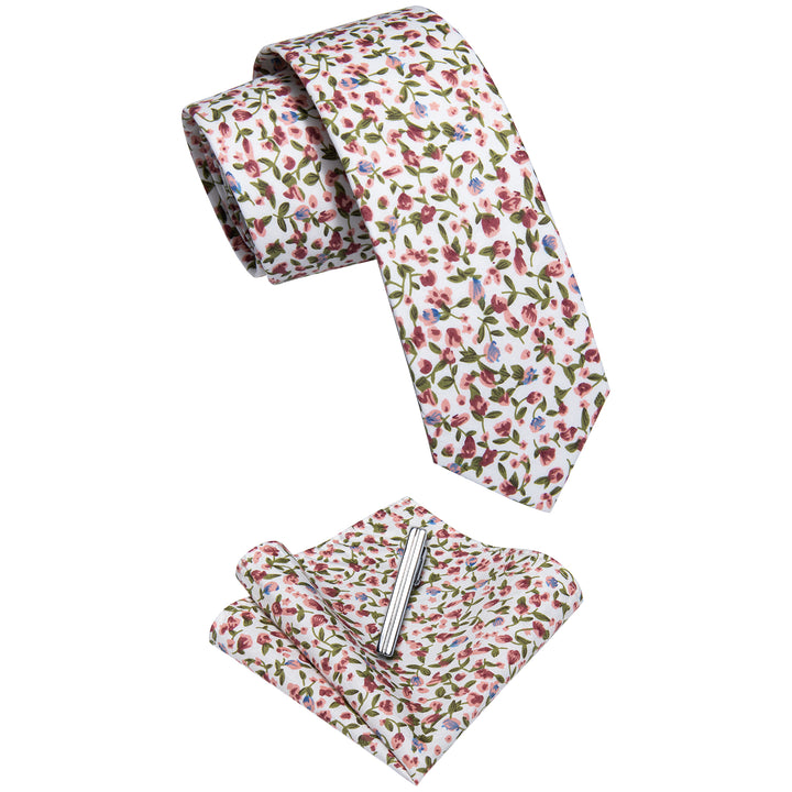  Red Blue Floral Printed Skinny Silk Tie Set with Tie Clip