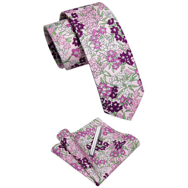 Fuchsia Pink Mens Floral Printed Skinny Tie Set with Tie Clip