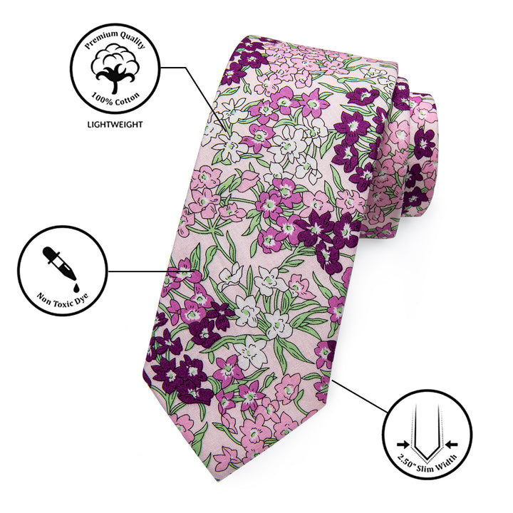 Fuchsia Pink Mens Floral Printed Skinny Tie Set with Tie Clip