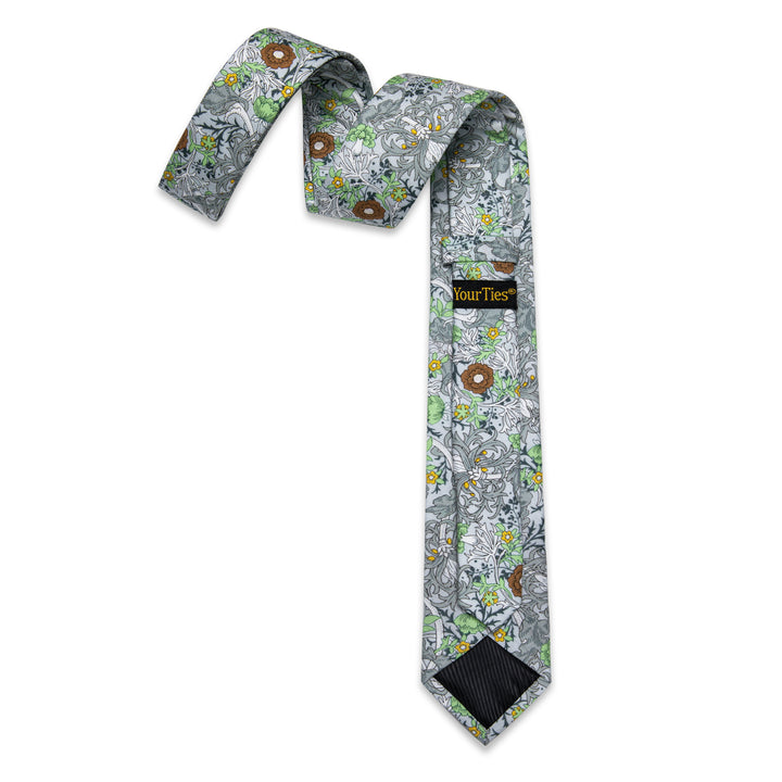 Light Green Grey  Floral Printed Skinny Tie Set with Tie Clip