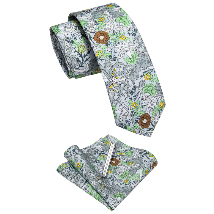 Light Green Grey  Floral Printed Skinny Tie Set with Tie Clip