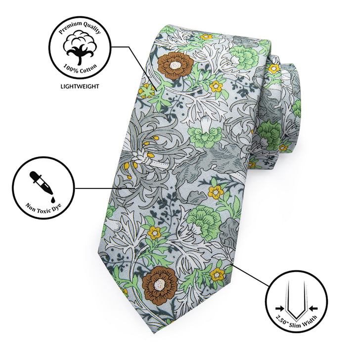 Light Green Grey  Floral Printed Skinny Tie Set with Tie Clip