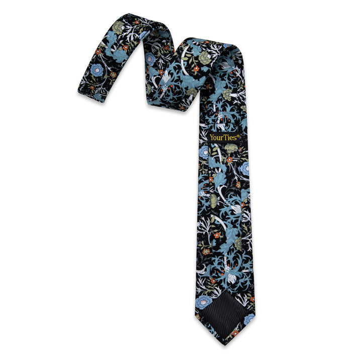 Black Tie Blue Green Floral 3.15 Inch Necktie Set with Clip