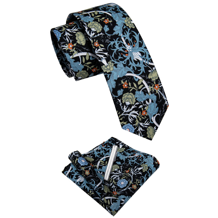 Black Tie Blue Green Floral 3.15 Inch Necktie Set with Clip