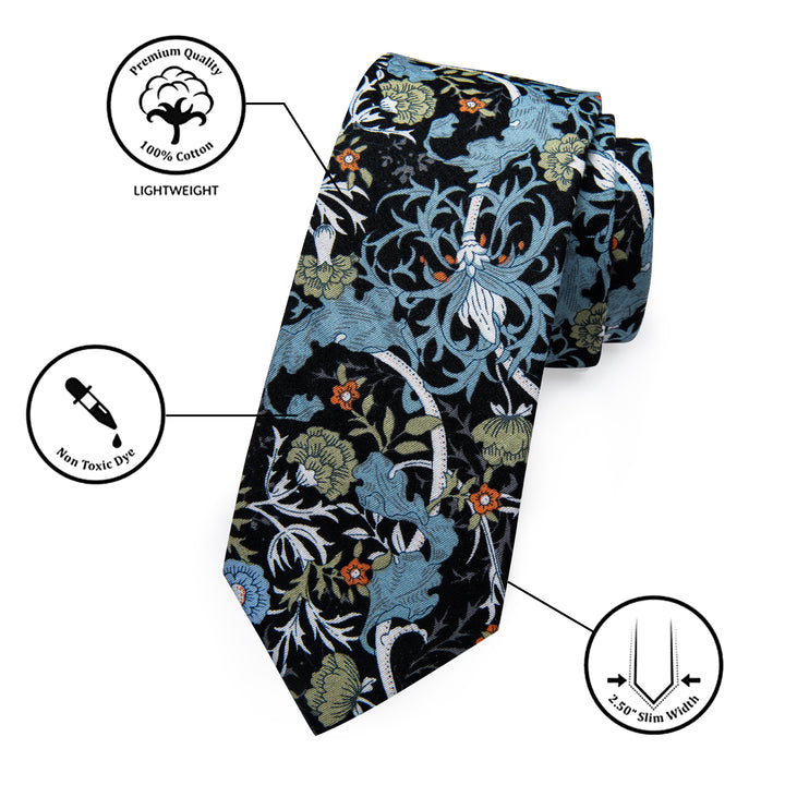 Black Tie Blue Green Floral 3.15 Inch Necktie Set with Clip