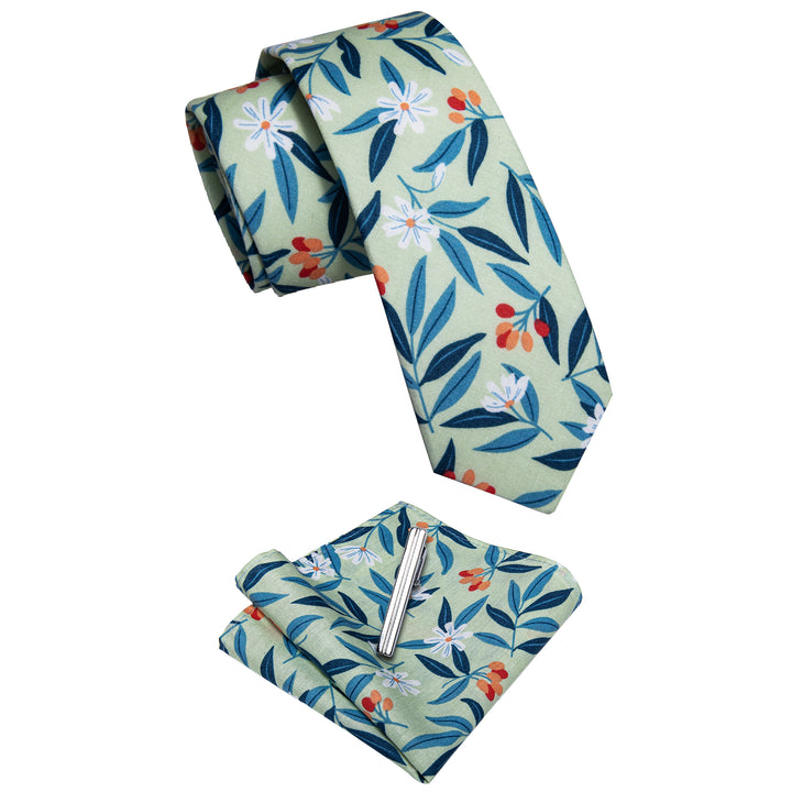  Blue Green Printed Leaf Skinny Men's Tie with Tie Clip Set