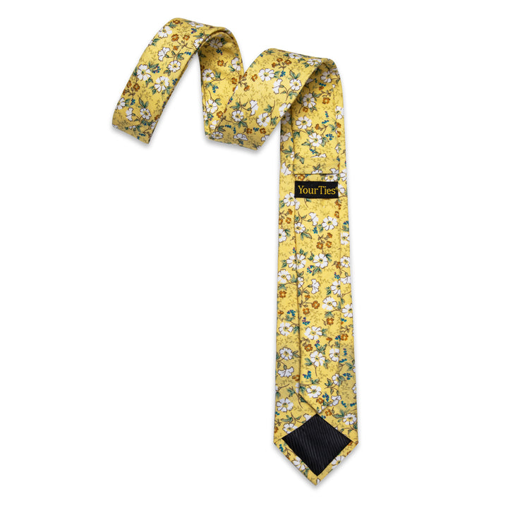  Light Yellow White Floral Printed Skinny Tie Set with Tie Clip