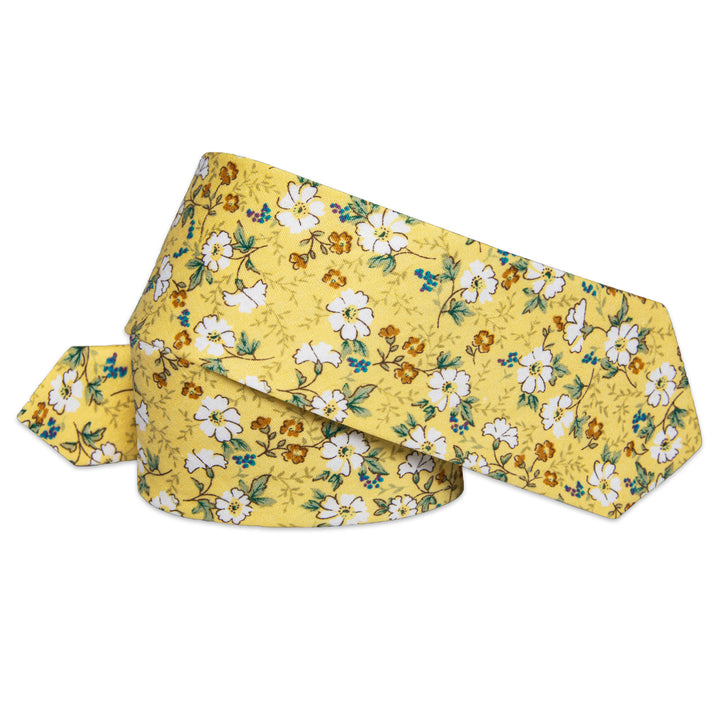  Light Yellow White Floral Printed Skinny Tie Set with Tie Clip